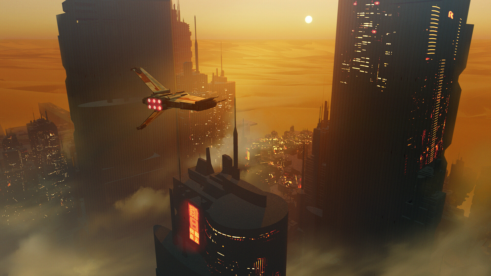 art of a ship gliding by some tall buildings, with a desert in the background